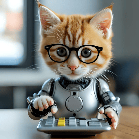cute kitten with glasses using a calculator