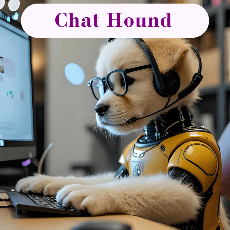 cute puppy robot with glasses & headset typing at a computer