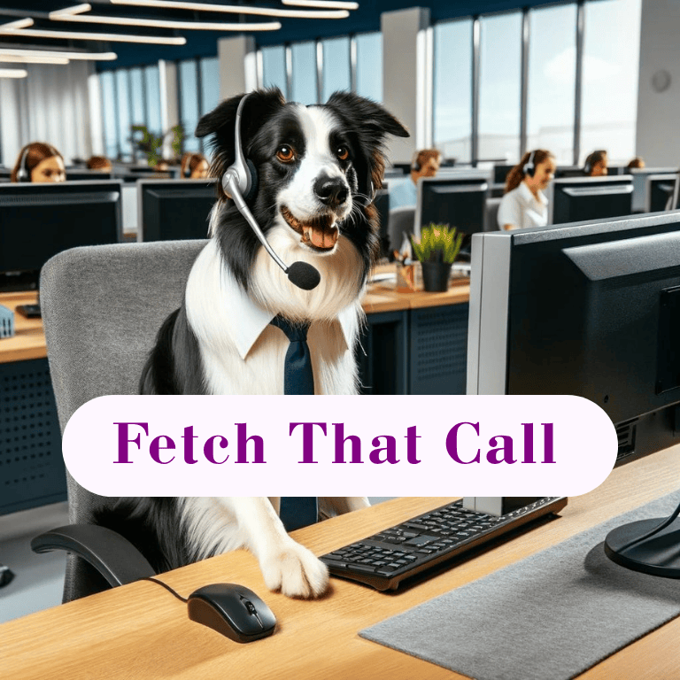 Border Collie with headset at computer taking phone calls