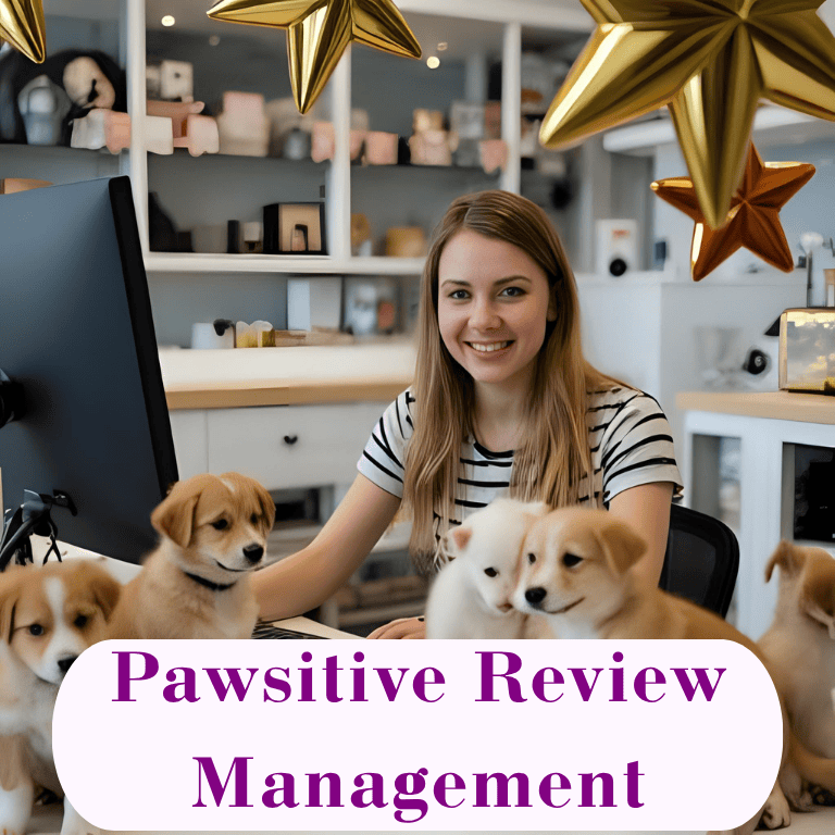 Happy Pet business owner with puppies around and gold 5-star reviews
