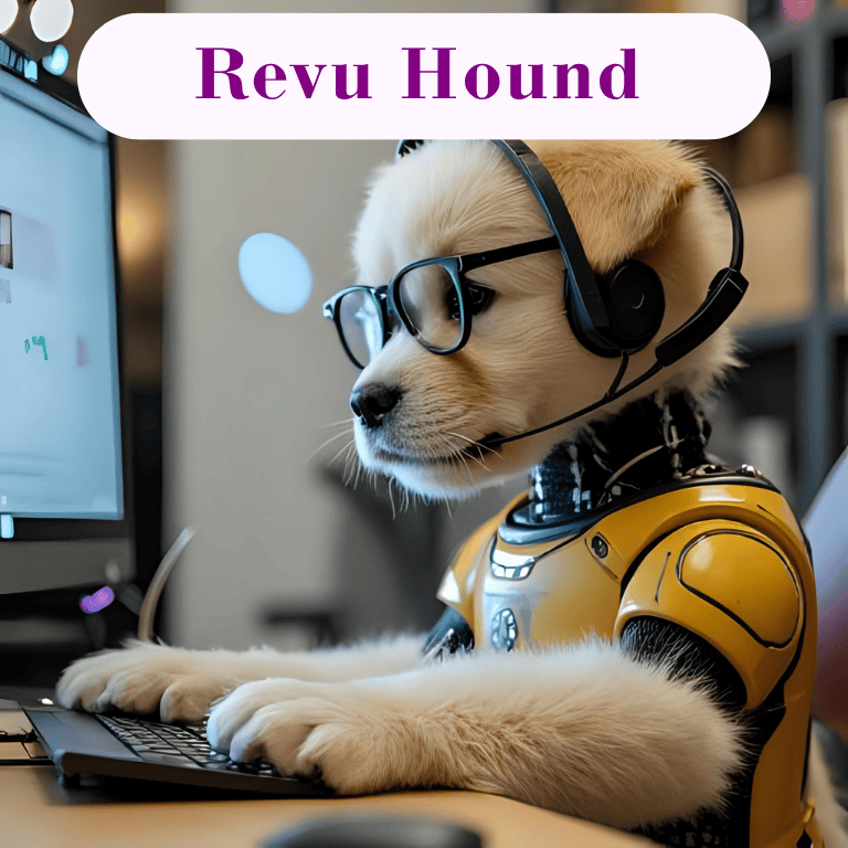 Dog with glasses at a computer fetching reviews