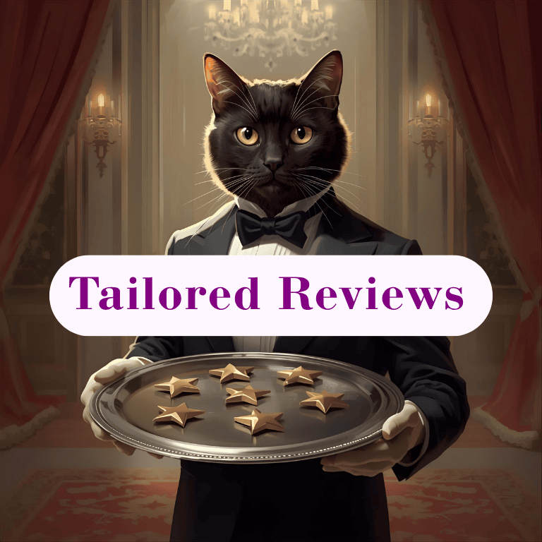 Cat in a tuxedo presenting a silver platter of gold stars